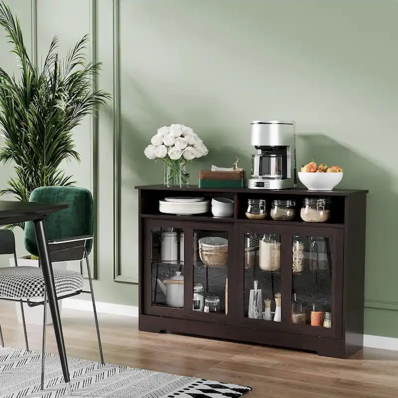 Credenza da cucina moderna, mobile da buffet, ante scorrevoli in vetro, ripiano regolabile, marrone scuro