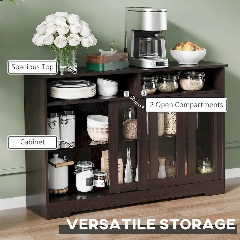 Credenza da cucina moderna, mobile da buffet, ante scorrevoli in vetro, ripiano regolabile, marrone scuro
