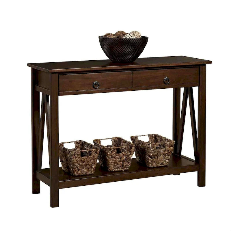 Tavolino consolle con 2 cassetti e ripiano portaoggetti per soggiorno, marrone tabacco - 14 x 42 x 30,7 pollici