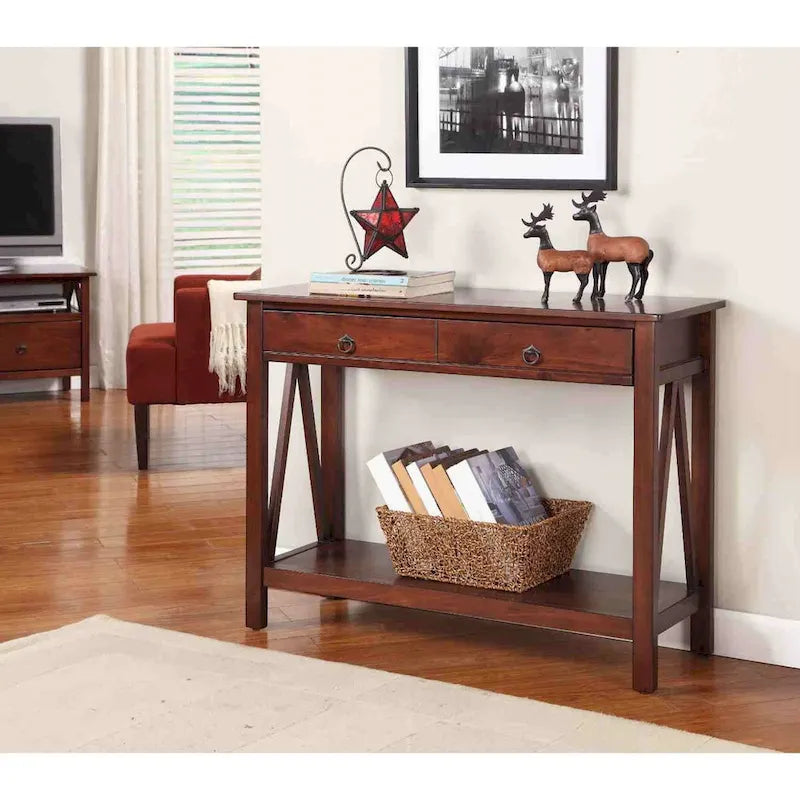 Tavolino consolle con 2 cassetti e ripiano portaoggetti per soggiorno, marrone tabacco - 14 x 42 x 30,7 pollici