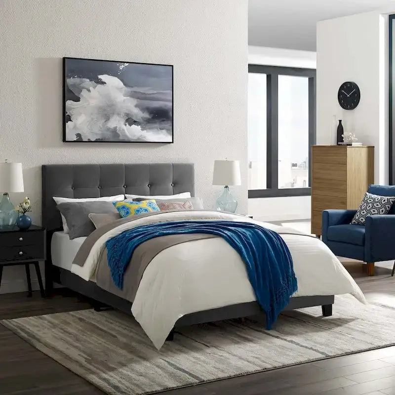 Letto matrimoniale in velluto imbottito con piattaforma, design lussuoso, non necessita di box spring