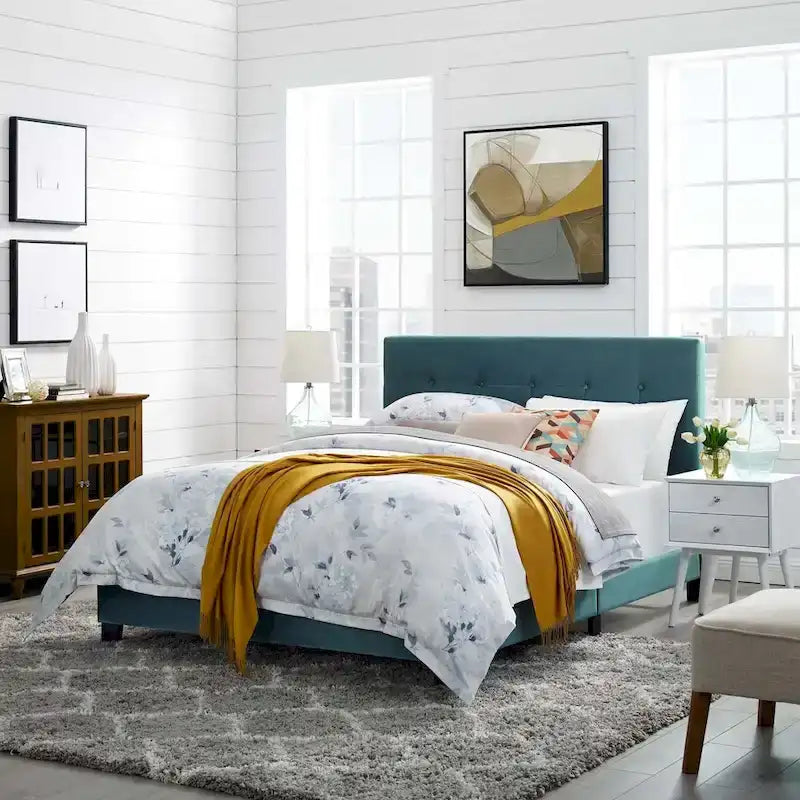 Letto matrimoniale in velluto imbottito con piattaforma, design lussuoso, non necessita di box spring