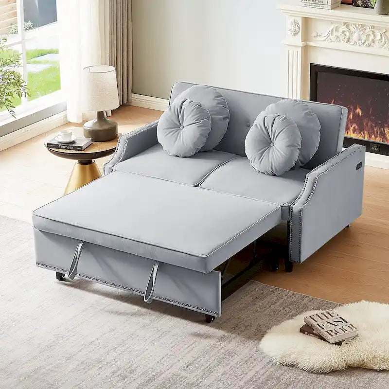 Divano Letto Loveseat con Schienale Regolabile Trapuntato a Bottone, 2 Porte USB e 4 Cuscini