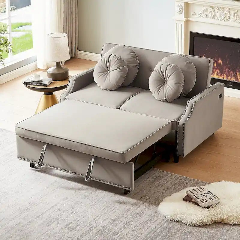 Divano Letto Loveseat con Schienale Regolabile Trapuntato a Bottone, 2 Porte USB e 4 Cuscini