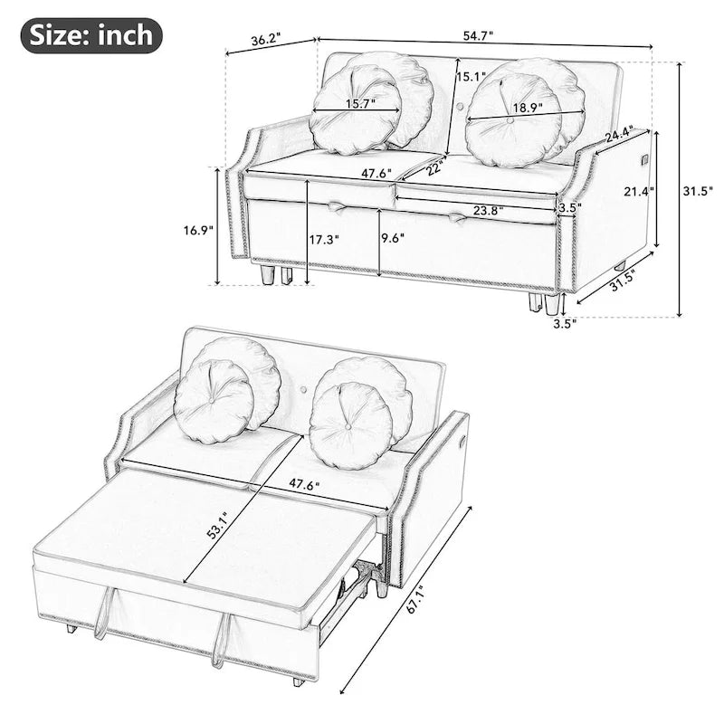 Divano Letto Loveseat con Schienale Regolabile Trapuntato a Bottone, 2 Porte USB e 4 Cuscini