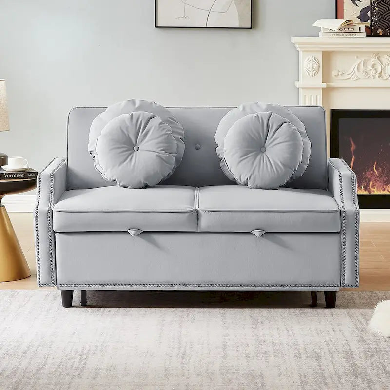 Divano Letto Loveseat con Schienale Regolabile Trapuntato a Bottone, 2 Porte USB e 4 Cuscini