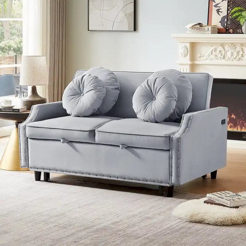 Divano Letto Loveseat con Schienale Regolabile Trapuntato a Bottone, 2 Porte USB e 4 Cuscini