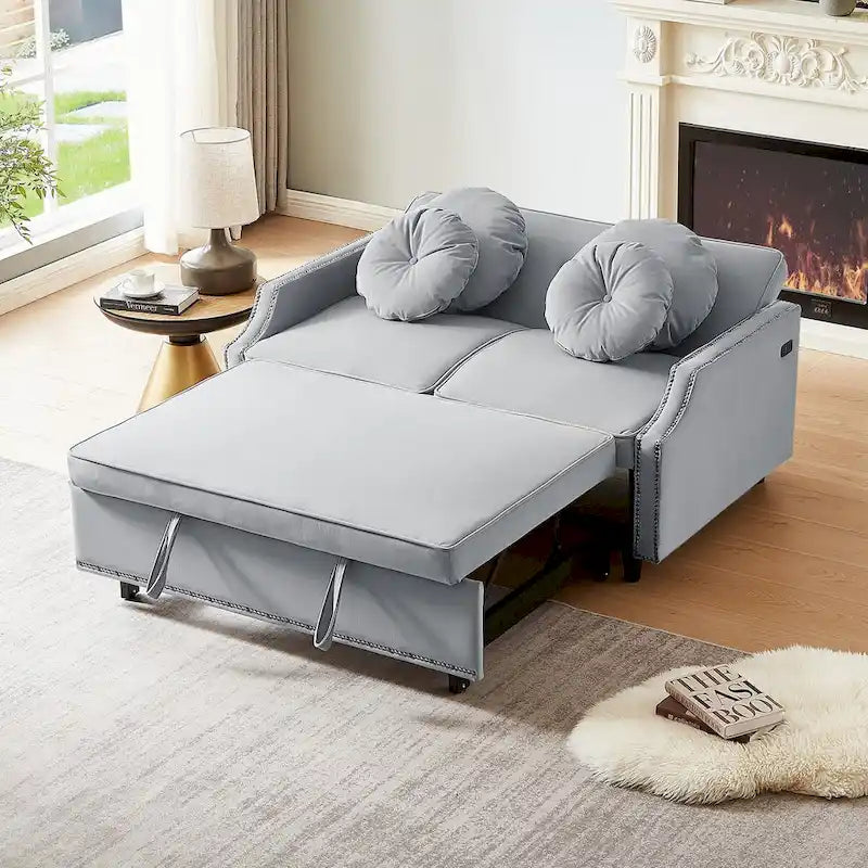 Divano Letto Loveseat con Schienale Regolabile Trapuntato a Bottone, 2 Porte USB e 4 Cuscini