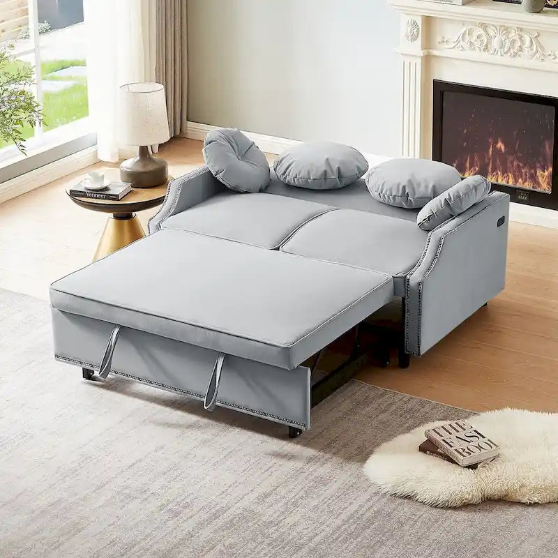 Divano Letto Loveseat con Schienale Regolabile Trapuntato a Bottone, 2 Porte USB e 4 Cuscini