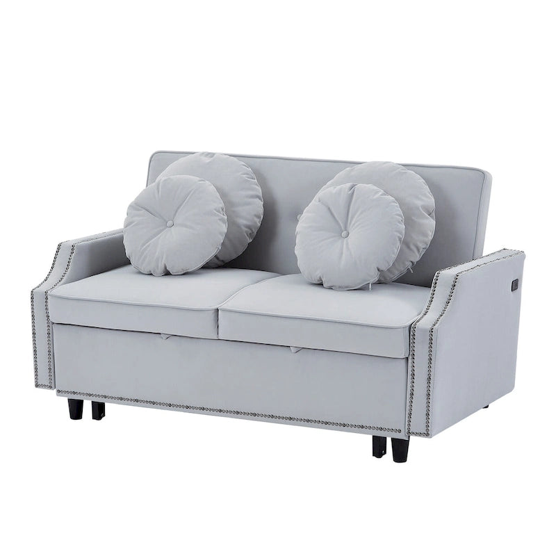 Divano Letto Loveseat con Schienale Regolabile Trapuntato a Bottone, 2 Porte USB e 4 Cuscini