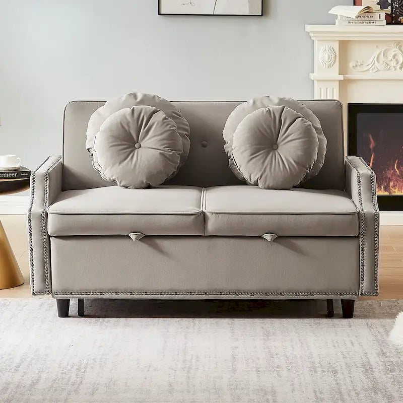 Divano Letto Loveseat con Schienale Regolabile Trapuntato a Bottone, 2 Porte USB e 4 Cuscini