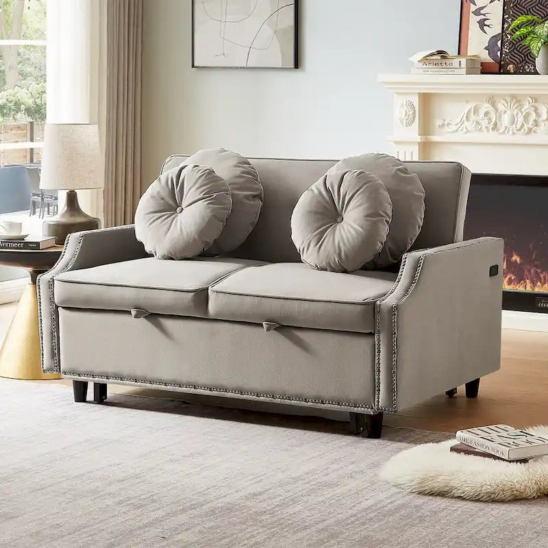 Divano Letto Loveseat con Schienale Regolabile Trapuntato a Bottone, 2 Porte USB e 4 Cuscini