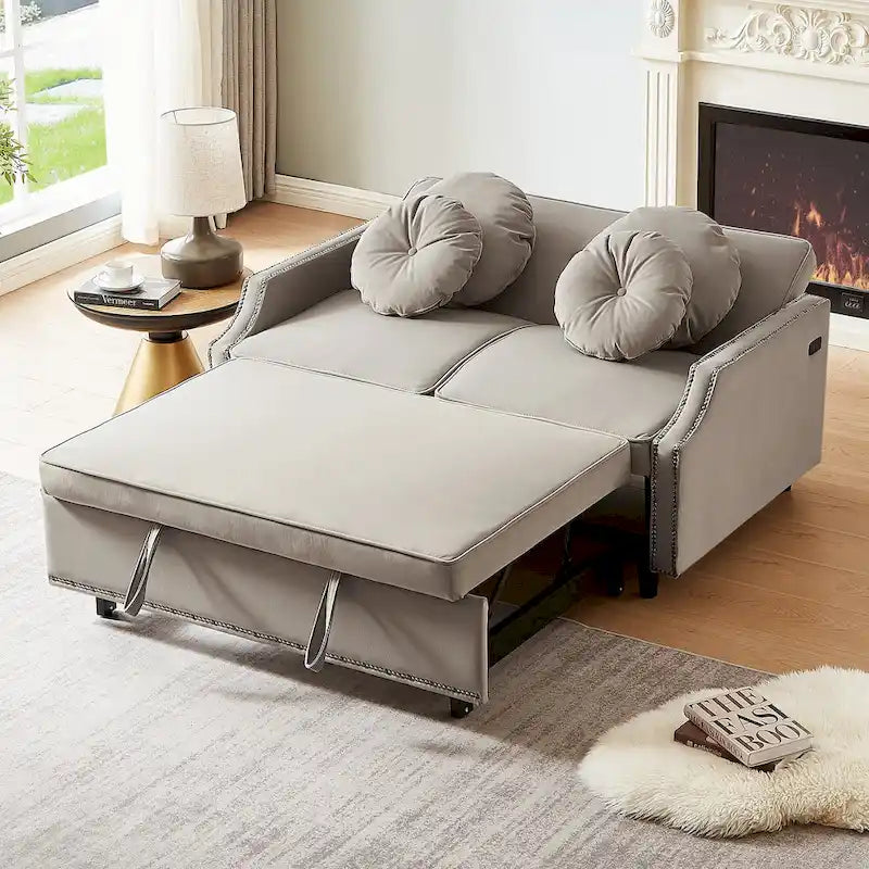 Divano Letto Loveseat con Schienale Regolabile Trapuntato a Bottone, 2 Porte USB e 4 Cuscini