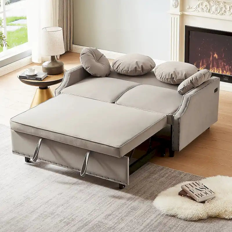 Divano Letto Loveseat con Schienale Regolabile Trapuntato a Bottone, 2 Porte USB e 4 Cuscini