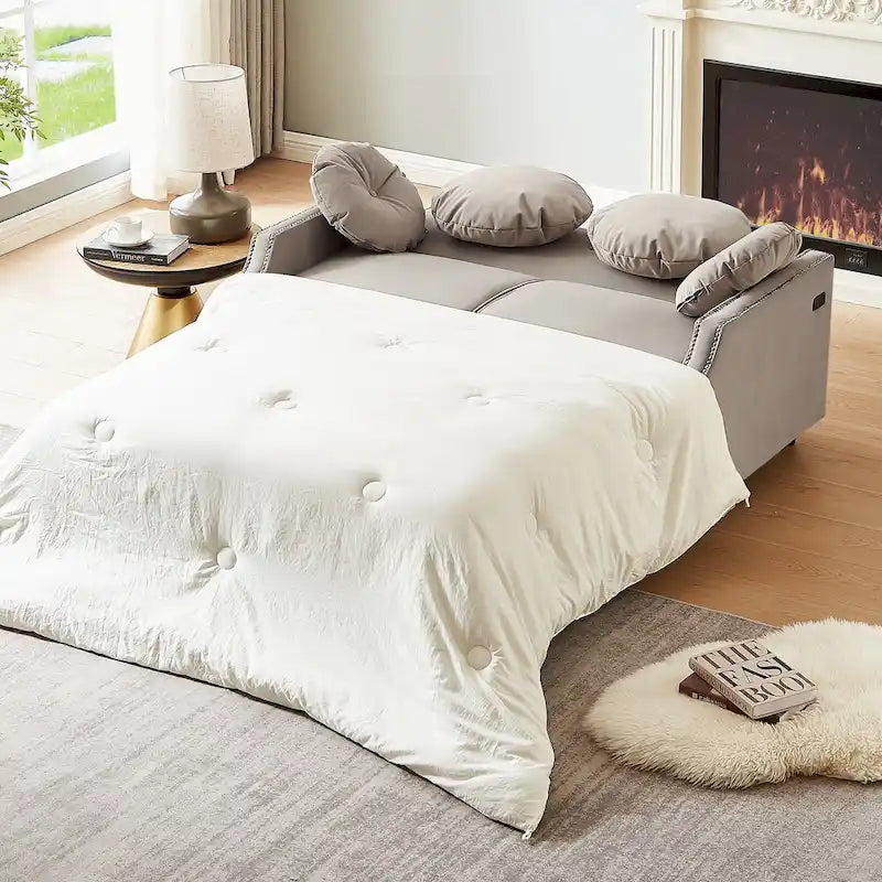 Divano Letto Loveseat con Schienale Regolabile Trapuntato a Bottone, 2 Porte USB e 4 Cuscini