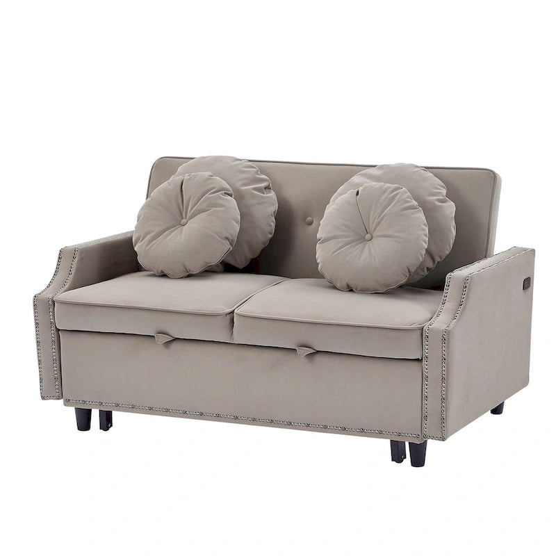 Divano Letto Loveseat con Schienale Regolabile Trapuntato a Bottone, 2 Porte USB e 4 Cuscini