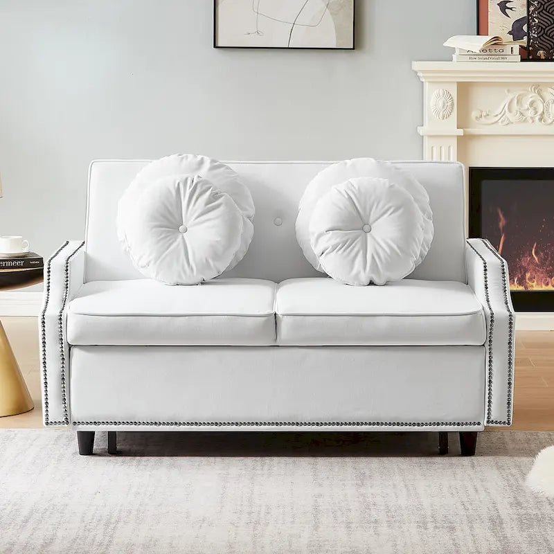 Divano Letto Loveseat con Schienale Regolabile Trapuntato a Bottone, 2 Porte USB e 4 Cuscini