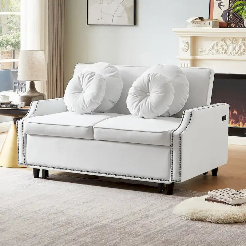 Divano Letto Loveseat con Schienale Regolabile Trapuntato a Bottone, 2 Porte USB e 4 Cuscini