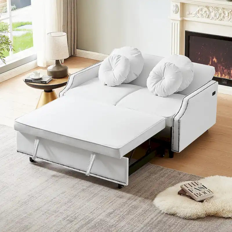 Divano Letto Loveseat con Schienale Regolabile Trapuntato a Bottone, 2 Porte USB e 4 Cuscini