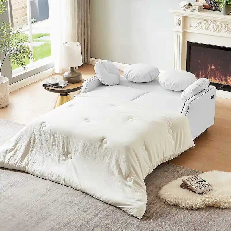 Divano Letto Loveseat con Schienale Regolabile Trapuntato a Bottone, 2 Porte USB e 4 Cuscini