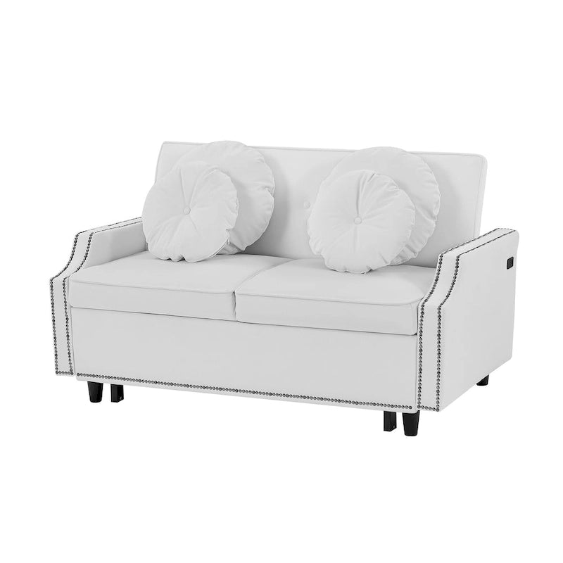 Divano Letto Loveseat con Schienale Regolabile Trapuntato a Bottone, 2 Porte USB e 4 Cuscini