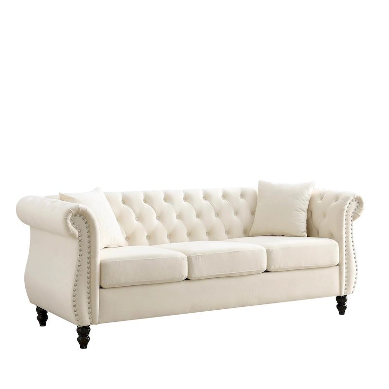 Divano Chesterfield grigio, classico design trapuntato a bottoni, 3 posti, divano da salotto