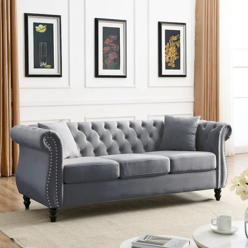 Divano Chesterfield grigio, classico design trapuntato a bottoni, 3 posti, divano da salotto