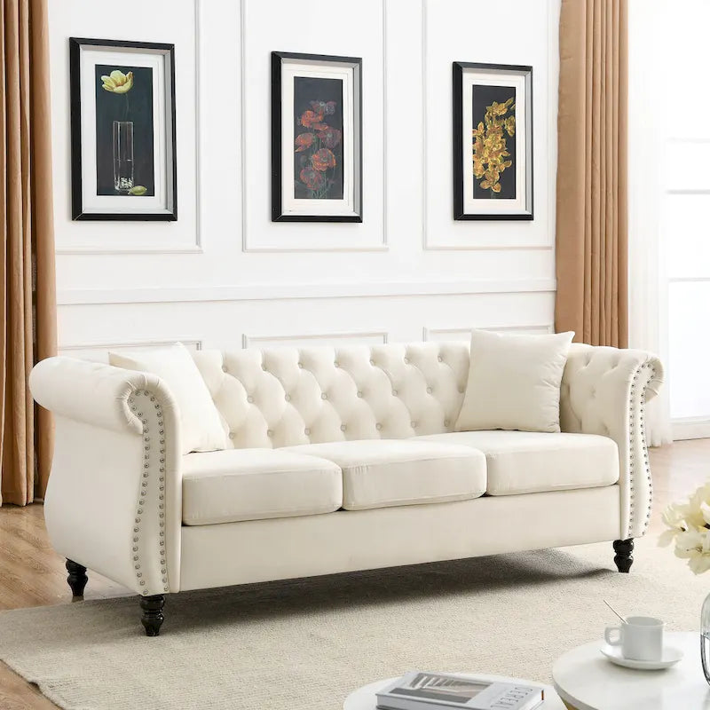 Divano Chesterfield grigio, classico design trapuntato a bottoni, 3 posti, divano da salotto