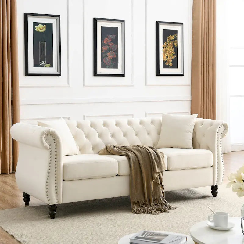 Divano Chesterfield grigio, classico design trapuntato a bottoni, 3 posti, divano da salotto