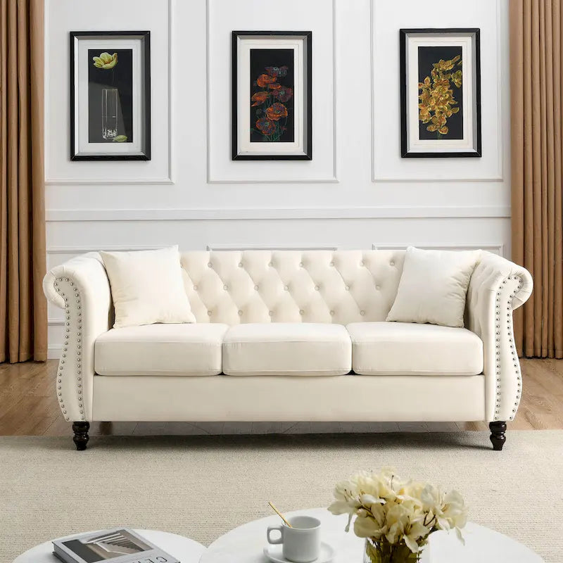 Divano Chesterfield grigio, classico design trapuntato a bottoni, 3 posti, divano da salotto