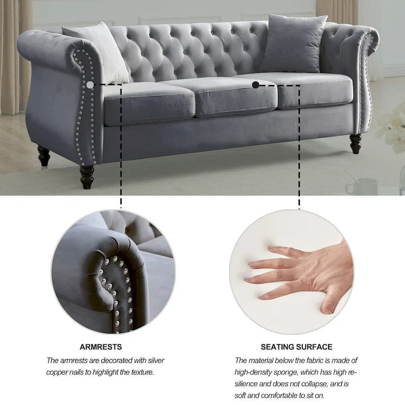 Divano Chesterfield grigio, classico design trapuntato a bottoni, 3 posti, divano da salotto