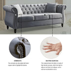 Divano Chesterfield grigio, classico design trapuntato a bottoni, 3 posti, divano da salotto