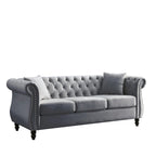Divano Chesterfield grigio, classico design trapuntato a bottoni, 3 posti, divano da salotto