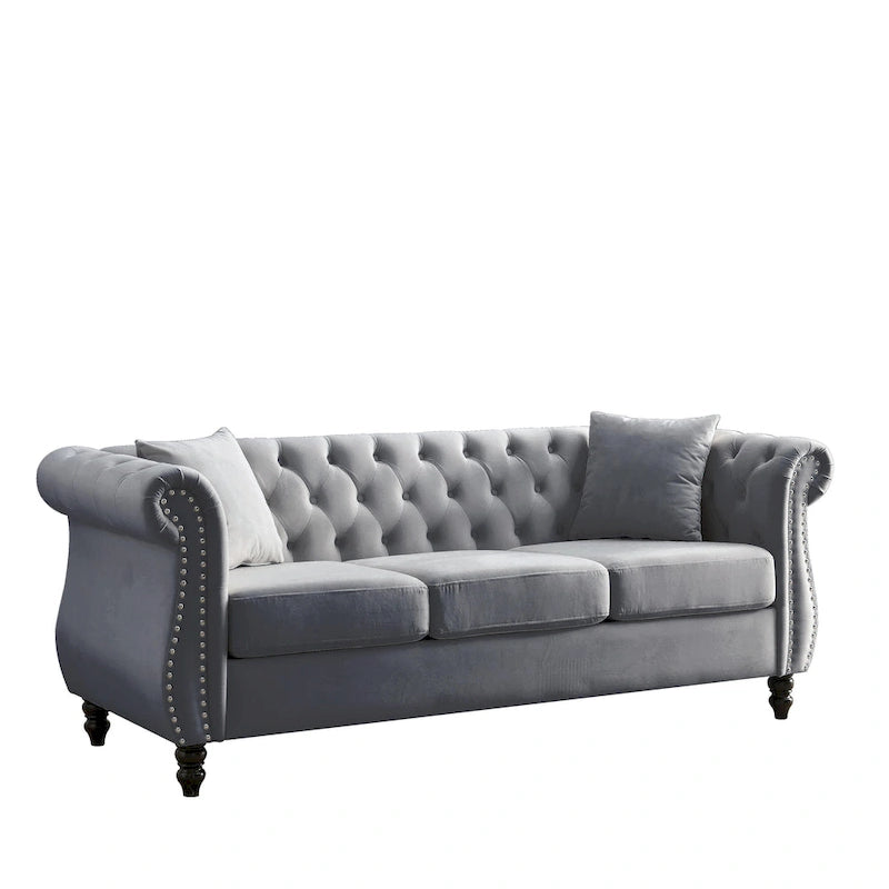 Divano Chesterfield grigio, classico design trapuntato a bottoni, 3 posti, divano da salotto