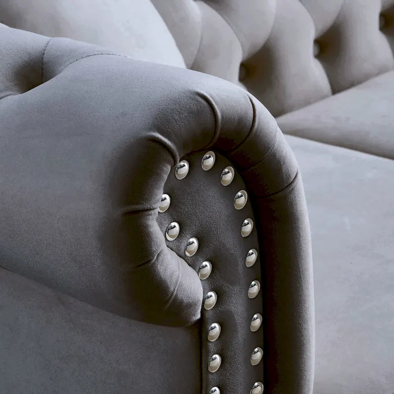 Divano Chesterfield grigio, classico design trapuntato a bottoni, 3 posti, divano da salotto