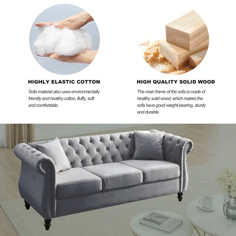 Divano Chesterfield grigio, classico design trapuntato a bottoni, 3 posti, divano da salotto