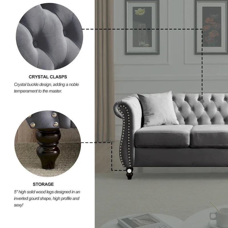 Divano Chesterfield grigio, classico design trapuntato a bottoni, 3 posti, divano da salotto