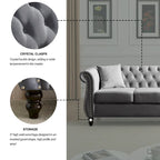 Divano Chesterfield grigio, classico design trapuntato a bottoni, 3 posti, divano da salotto