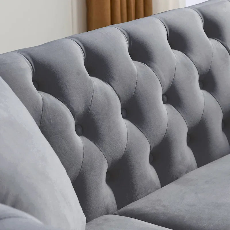 Divano Chesterfield grigio, classico design trapuntato a bottoni, 3 posti, divano da salotto