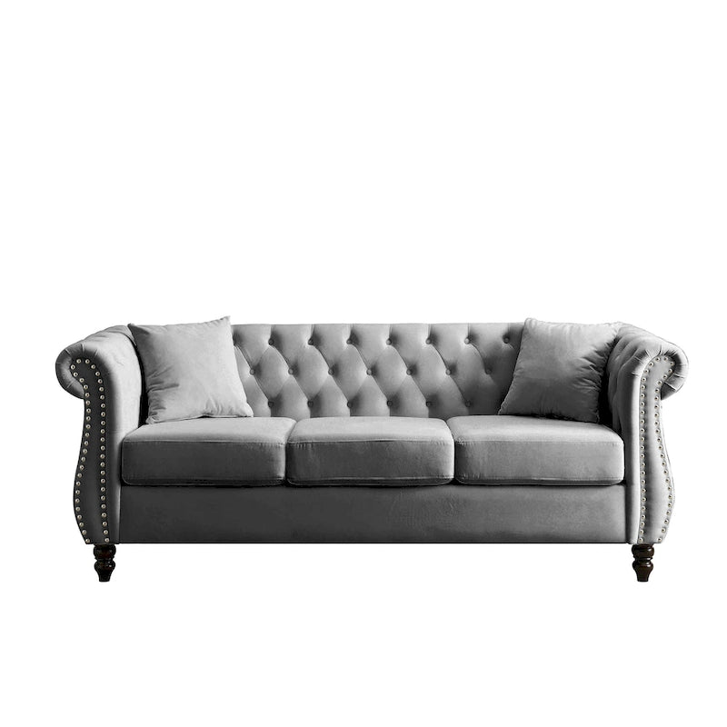 Divano Chesterfield grigio, classico design trapuntato a bottoni, 3 posti, divano da salotto