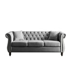 Divano Chesterfield grigio, classico design trapuntato a bottoni, 3 posti, divano da salotto