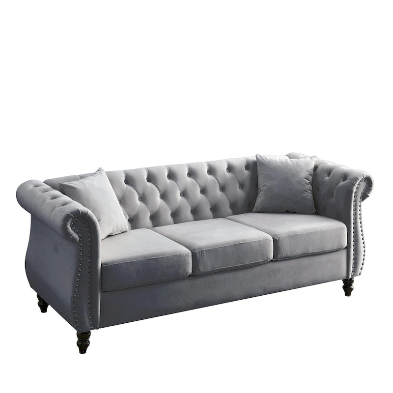 Divano Chesterfield grigio, classico design trapuntato a bottoni, 3 posti, divano da salotto