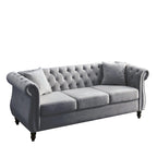 Divano Chesterfield grigio, classico design trapuntato a bottoni, 3 posti, divano da salotto
