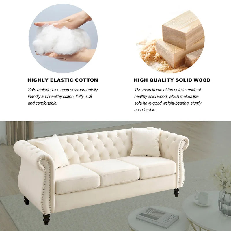 Divano Chesterfield grigio, classico design trapuntato a bottoni, 3 posti, divano da salotto