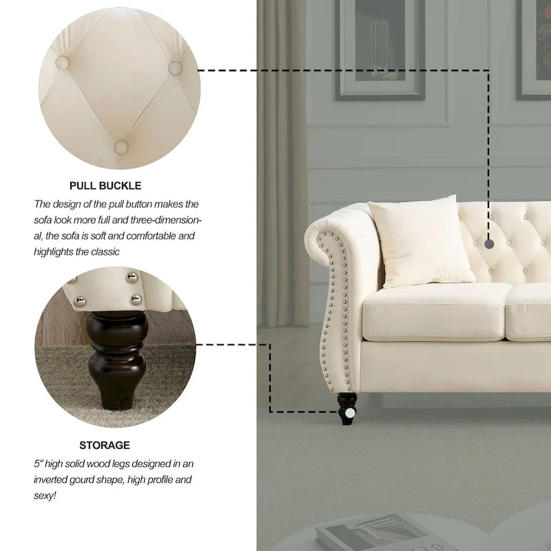 Divano Chesterfield grigio, classico design trapuntato a bottoni, 3 posti, divano da salotto
