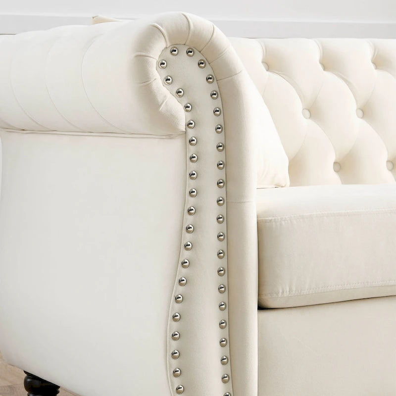 Divano Chesterfield grigio, classico design trapuntato a bottoni, 3 posti, divano da salotto