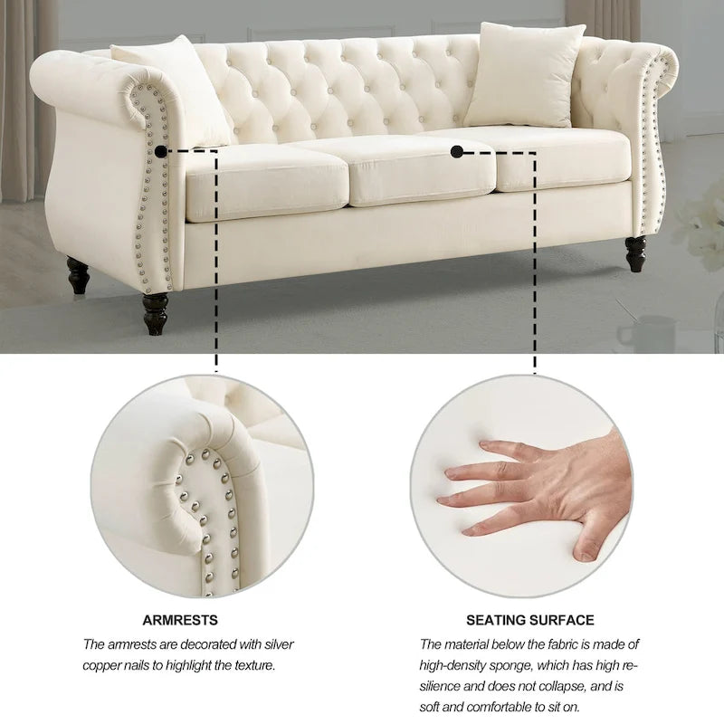 Divano Chesterfield grigio, classico design trapuntato a bottoni, 3 posti, divano da salotto