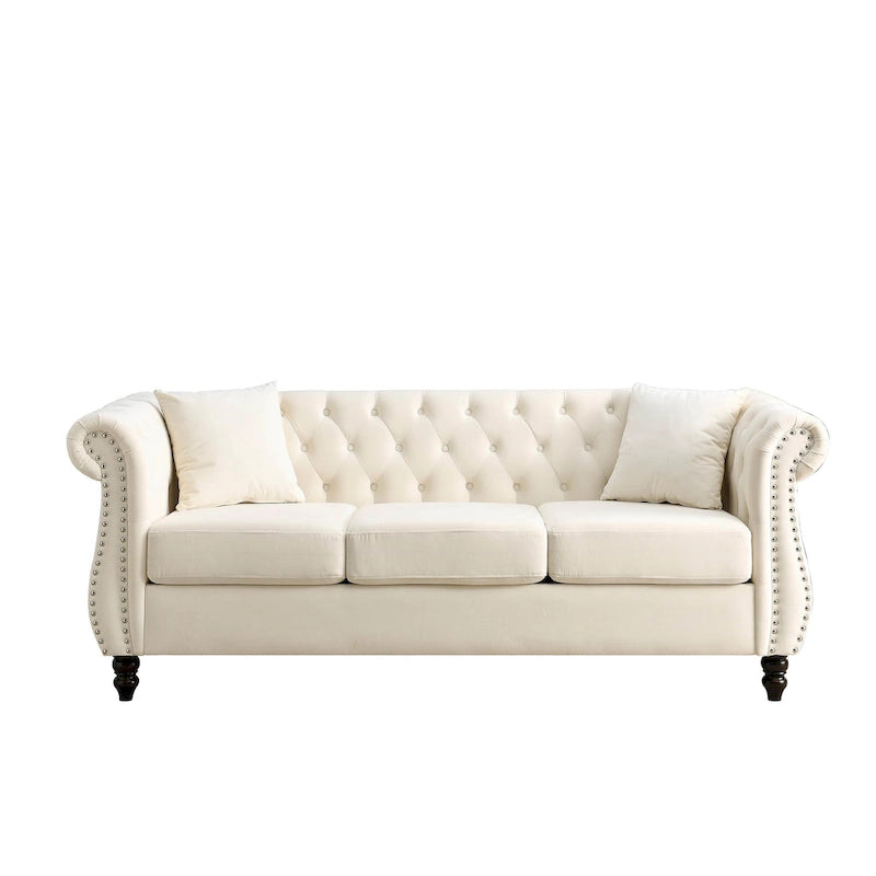 Divano Chesterfield grigio, classico design trapuntato a bottoni, 3 posti, divano da salotto