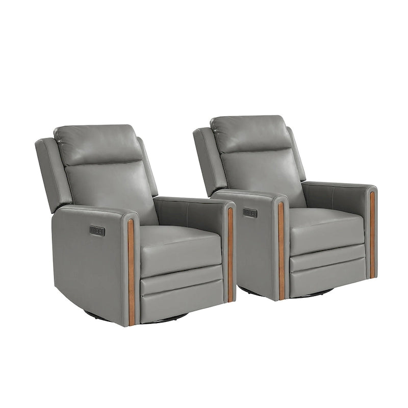 Set di 2 Poltrone Reclinabili Girevoli in Vera Pelle con Funzione Power Rocking, Poggiatesta e Poggiapiedi Regolabili, Ricarica USB