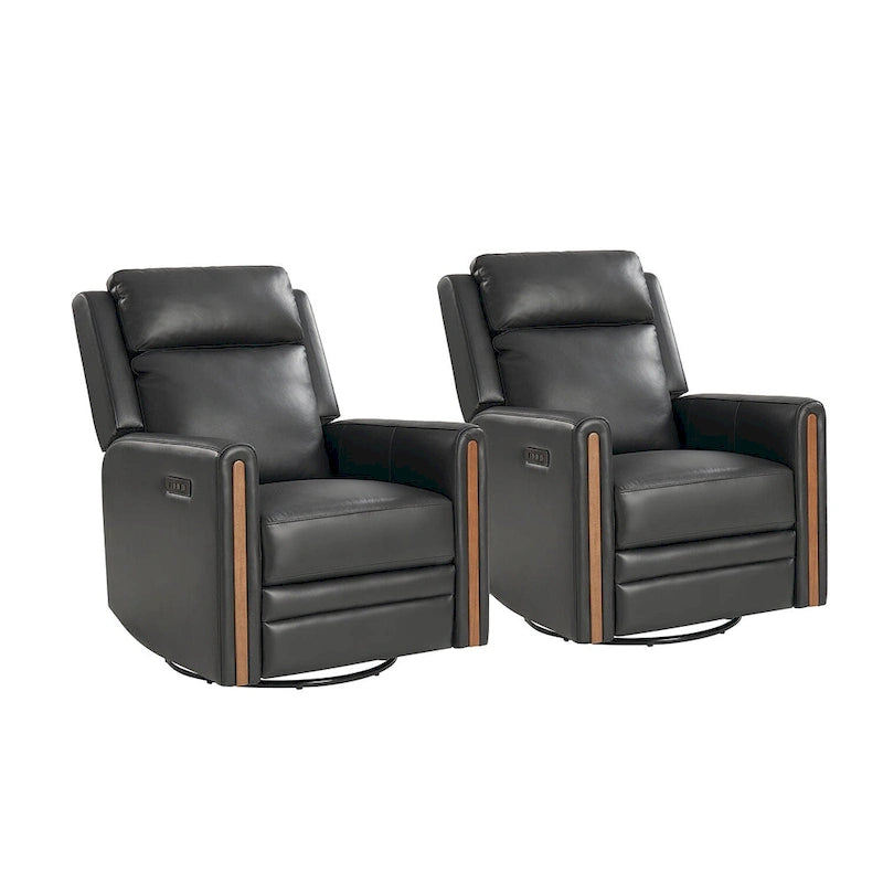 Set di 2 Poltrone Reclinabili Girevoli in Vera Pelle con Funzione Power Rocking, Poggiatesta e Poggiapiedi Regolabili, Ricarica USB